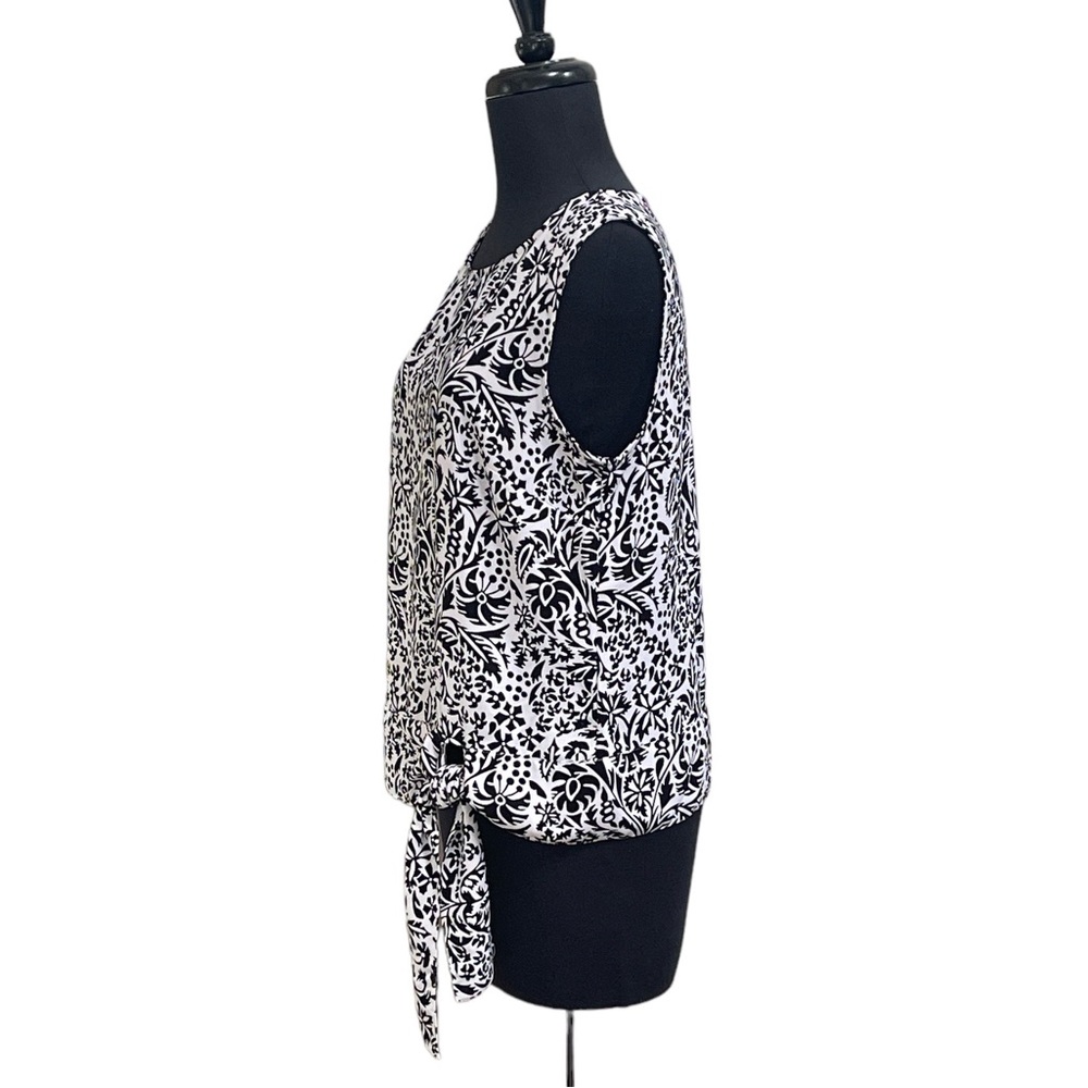 Talbots Black White Abstract Floral Sleeveless Top Sz M Tie Waistband Tank